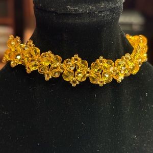 Hand crafted summer bracelet yellow Czech crystal beads gold tone seed beads